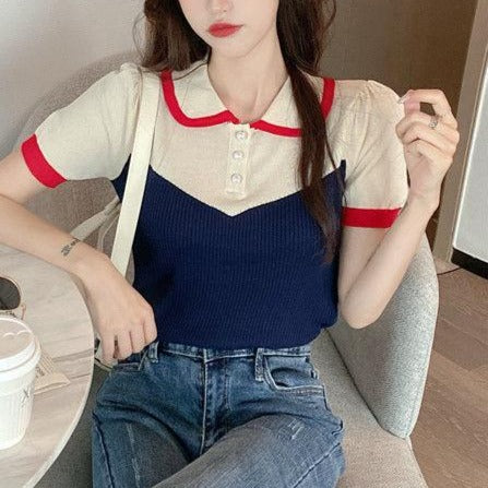 Vintage Retro Knitted Snow White Lapel Top T-shirt