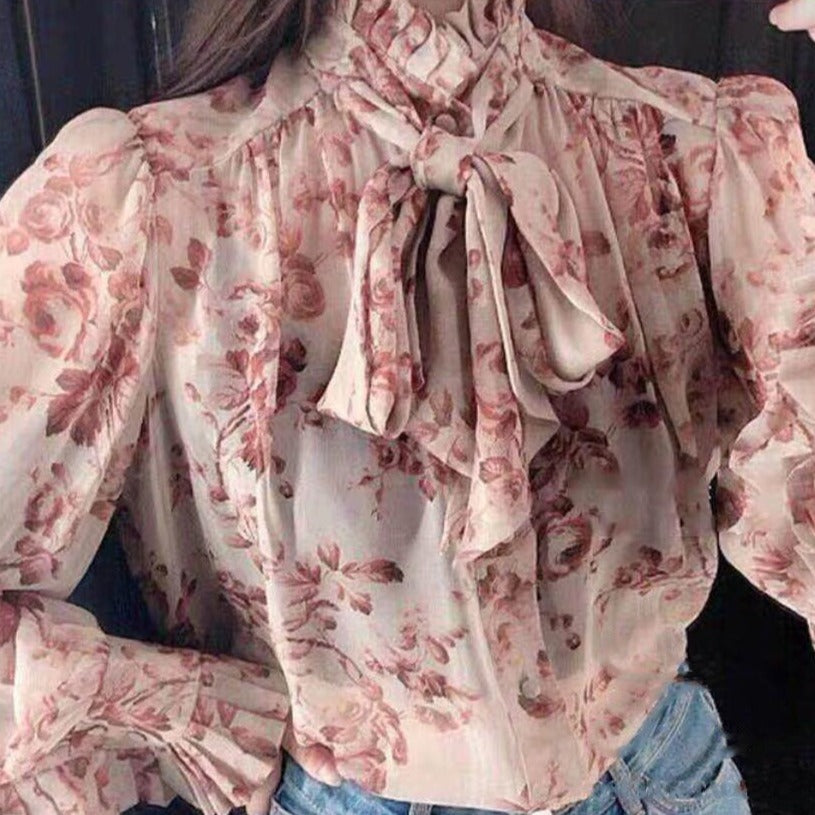 Pink Floral Chiffon Bow Tie Blouse