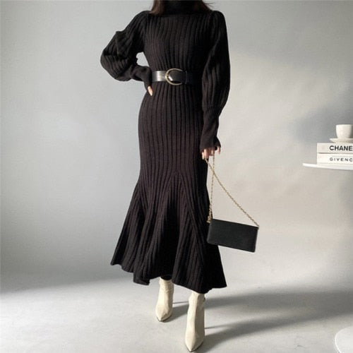 Elegant Knitted Turtleneck Sweater Maxi Dress