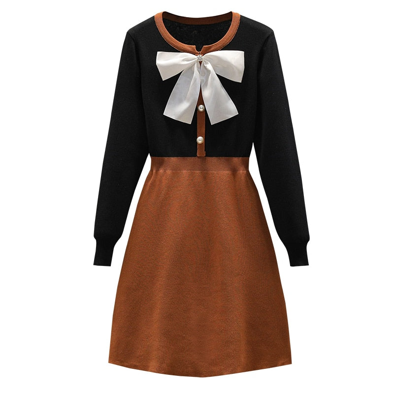 Retro Knitted Contrast Bow Dress