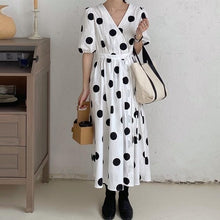 Load image into Gallery viewer, Vintage Lace Up Polka Dots Vintage Midi Dress
