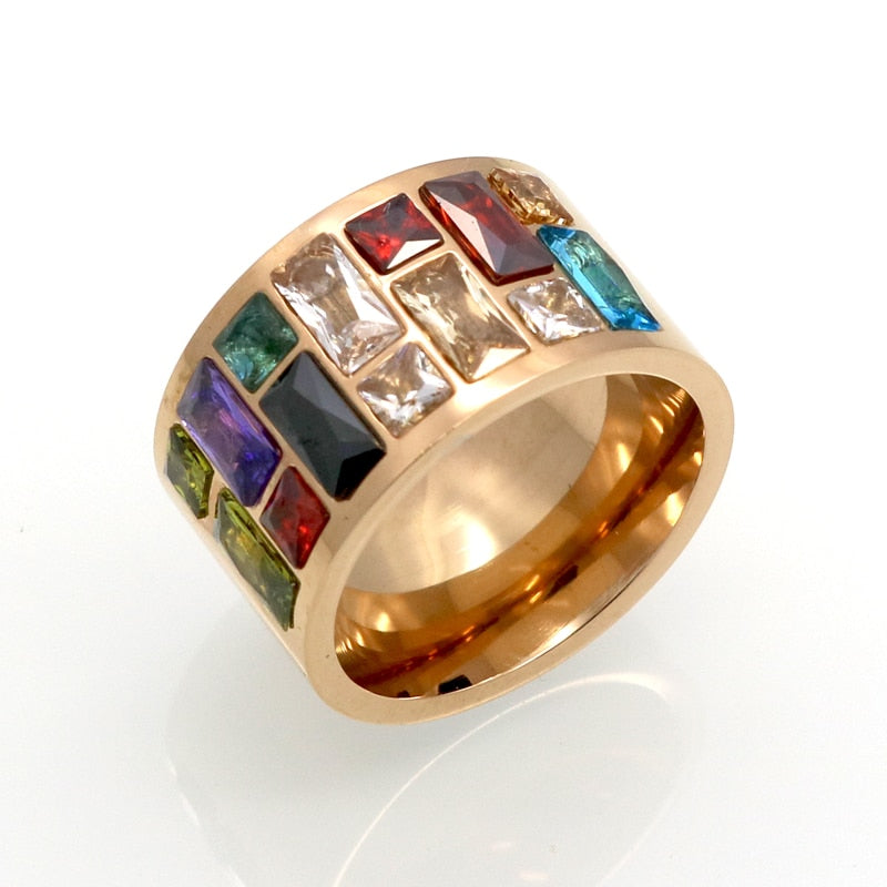 Multicolor Crystal Rainbow Gold Plated Titanium Ring