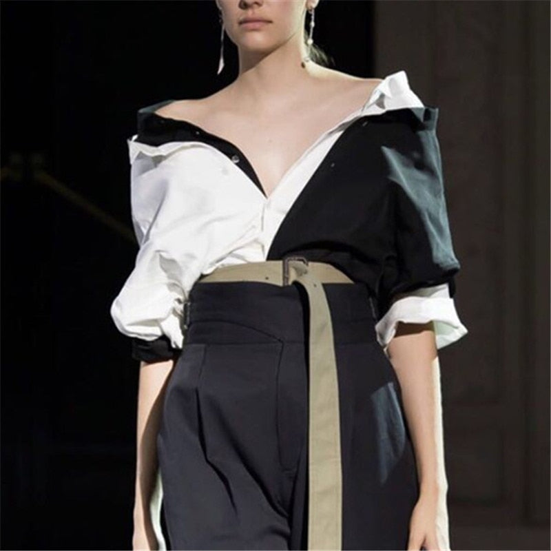 Designer Black & White Patchwork Irregular Shirt - Pretty Fashionation